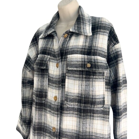 Banana Republic Woman's Sz S Shacket Shirt Jacket Black Cream Plaid Wool Blend - Picture 3 of 13